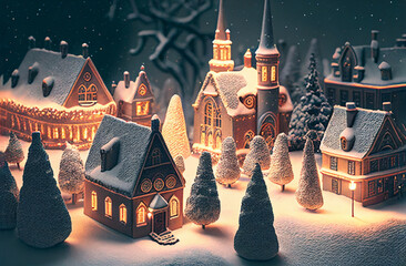 Christmas retro village with snow at winter. Christmas card landscape. Generative AI