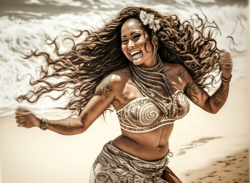 Polynesian woman dancing and smiling on a tropical island beach. Generative AI. 