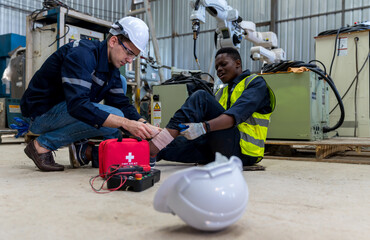 First aid support accident at work of worker at factory. Male worker has an accident on the floor...