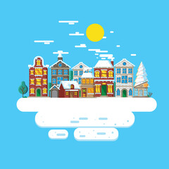 Vector illustration of city ​​landscape in winter with flat design