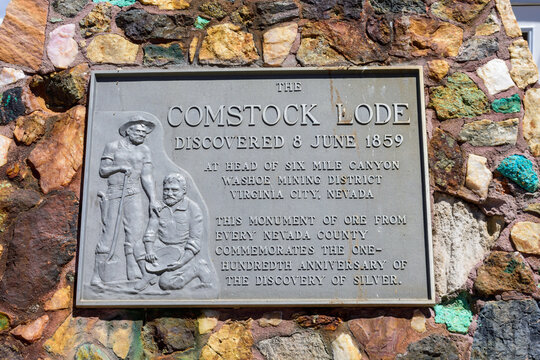 Comstock Lode discovery memorial plaque - Virginia City, Nevada, USA - July, 2022