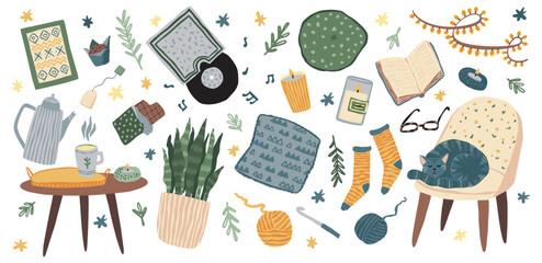 Coffee love. Winter comfort. Hygge collection. Read book. Cat on cozy armchair. Chocolate at home. Autumn tea. Warm drink cup. Pets and clothes. Wool socks. Vector cartoon illustration