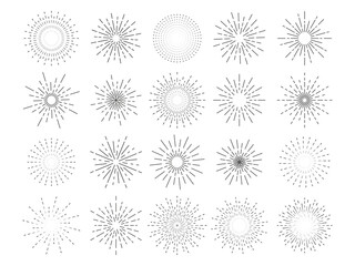 Firework icons, starburst or doodle explosion, sun shine, light flash, new year celebrate. Boom anniversary display, circles frames, congratulations line elements. Vector flat set