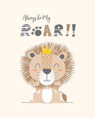Hand drawn vector illustration of a cute lion wearing a crown. isolated object. perfect for kid's print.