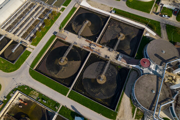 Waste water treatment plant in the urban area of the city. Outdoor site with multiple wastewater treatment plants for black water recycling. Ecology, environment and health in North America.