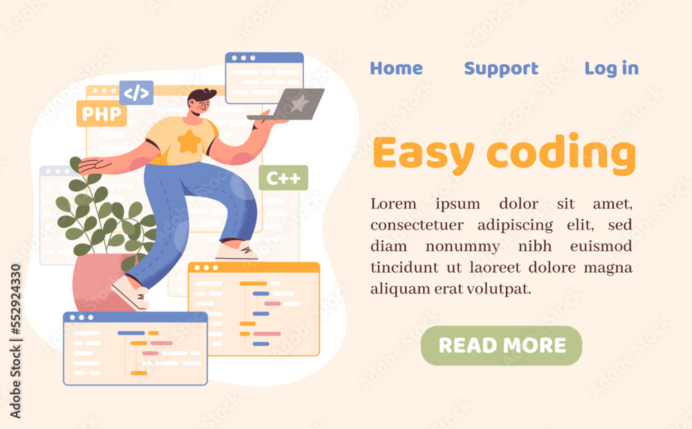 Leinwandbilder Computer programming. PC coding landing. Programmer or developer education classes. Web technology language study. Screen windows. Backend java coder. Vector website design template