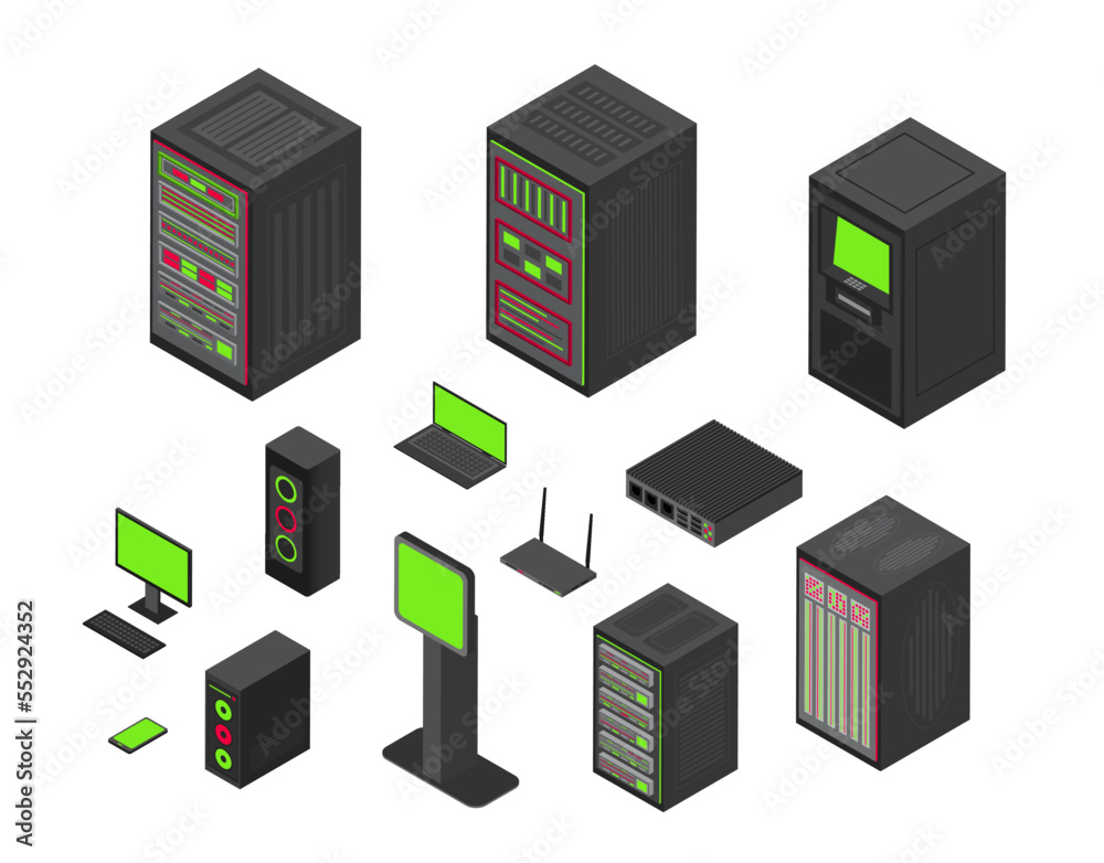 Fototapete isometric data server. 3d icons. hardware network technology. pc center equipment. router system. da