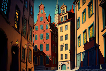 Amazing photograph shows the buildings and distinctive architecture of Stockholm, Sweden's Gamla Stan. Generative AI