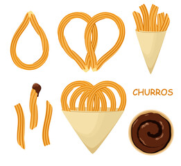 A set of churros on a white background. Mexican food.

