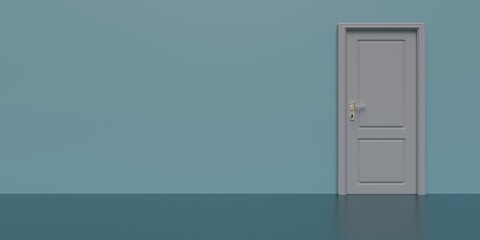 Closed door on empty blue wall background, copy space. 3d