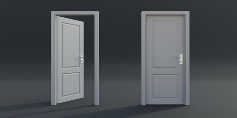 White wooden open and closed doors and frames on empty grey floor background. 3d