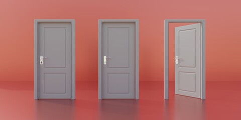 Obraz na płótnie Canvas One opened and two closed doors on orange color background. 3d render