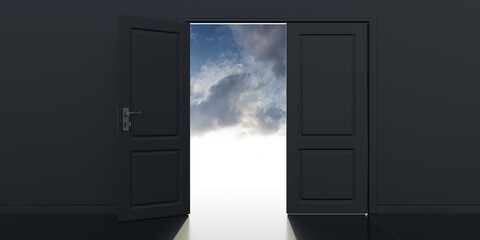 Double feaf door one open, black wall. Cloudy sky and light enters from opening 3d