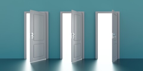Three open door on blue green color wall background. Bright exit. 3d render - obrazy, fototapety, plakaty