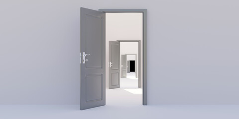 Entrance through open doors, multiple opened doors drive to black end. 3d