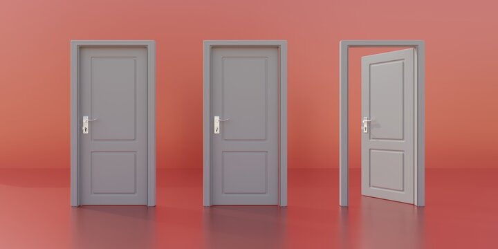 One opened and two closed doors on orange color background. 3d render