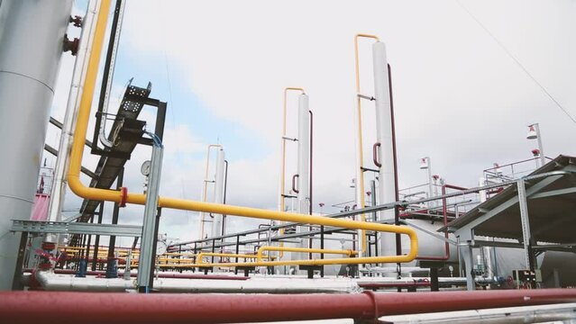Yellow pipes in the gas distribution industry. Fuel Oil Gas Processing and Transportation Industry