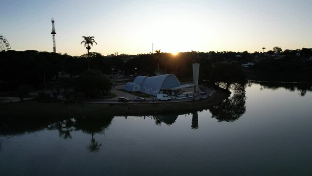 Lagoa da Pampulha, in Belo Horizonte, overlooking the Church of S&atilde;o Francisco de Assis and Guanabara Park. Minas Gerais Brazil. Aerial view.