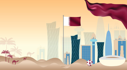 Qatar national day 18th December background and banner with maroon gradient abstract flag, Qatar Independence Day, Doha landmarks and skyline , stadium Illustration