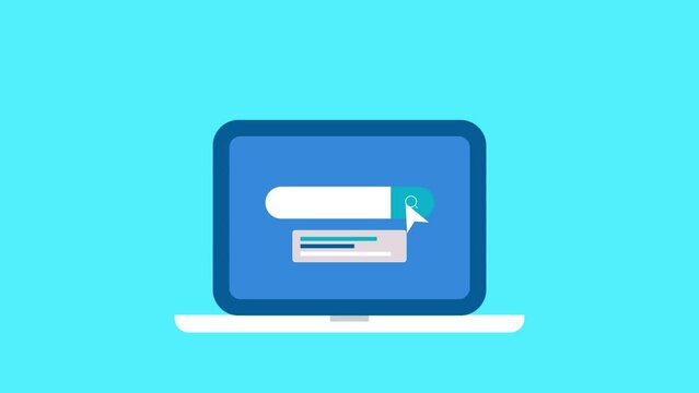 User query on search engine, click on display results website optimization seo animation concept on laptop.