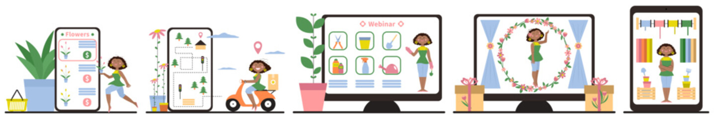 Collection of African-American female florist with different modern devices on white background