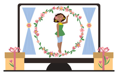 African-American female florist with beautiful floral decoration on screen of computer monitor and gifts on white background