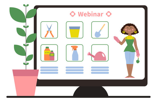 Gardening supplies and African-American female florist on screen of computer monitor against white background - Powered by Adobe