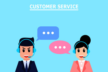 Male and female staff members wear headphones to communicate and service customers. Vector illustration