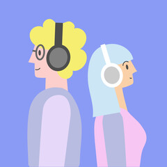 Young couple with headphones on color background