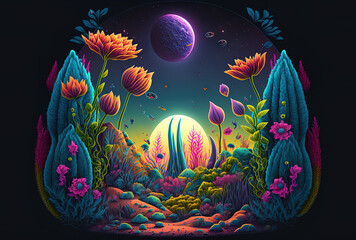 Obraz na płótnie Canvas Incredible exotic flora and flowers are blossoming on an extraterrestrial world. Generative AI