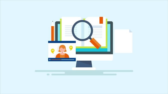 Online learning course with virtual female teacher on webinar program, study ebook on pc, education video animation.