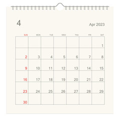 April 2023 calendar page on white background. Calendar background for reminder, business planning, appointment meeting and event. Week starts from Sunday. Vector illustration.