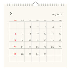August 2023 calendar page on white background. Calendar background for reminder, business planning, appointment meeting and event. Week starts from Sunday. Vector illustration.