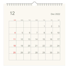 December 2022 calendar page on white background. Calendar background for reminder, business planning, appointment meeting and event. Week starts from Sunday. Vector illustration.