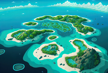 An expansive aerial view of a lake on one of the Maldives islands. Generative AI