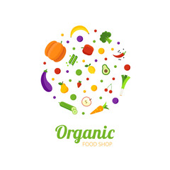 Organic food shop logo design concept. Healthy food circle with different fruits and vegetables icons. Abstract logo for organic shop, vegetarian cafe, vegan store. Vector illustration