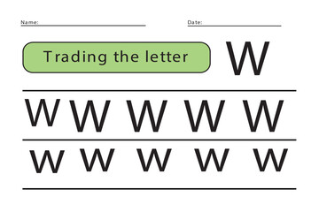 Trace letters of the English alphabet. Uppercase and lowercase letter W. Handwriting practice for preschool kids.