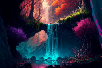 Beautiful scenery of the majestic  waterfall,Digital art .
