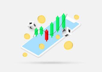 3d Asset trading and currency exchange with investment charts In the concept of a smartphone. 3d rendering illustration.
