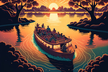 Obraz premium people traveling on a boat in a lake at sunset, seen from a high perspective. Generative AI