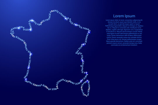 France map country along contour of recurring english blue words name of state and glowing space stars