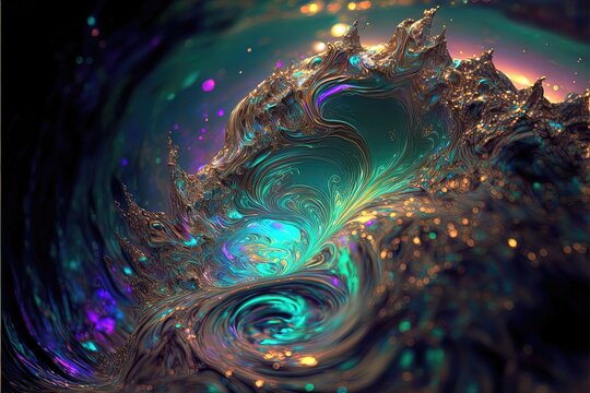  a computer generated image of a wave in blue and green colors with a black background and a gold and blue swirl. Generative AI
