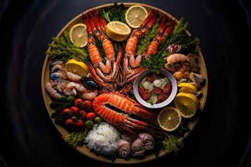  a plate of seafood and other foods on a table with lemons. Generative AI