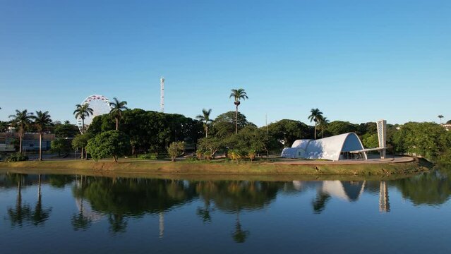 Lagoa da Pampulha, in Belo Horizonte, overlooking the Church of S&atilde;o Francisco de Assis and Guanabara Park. Minas Gerais Brazil. Aerial view.