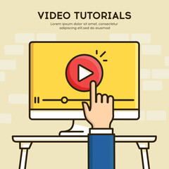 Video tutorials icon concept. Study and learning background, distance education and knowledge growth. Video conference and webinar icon, internet and video services. Vector illustration