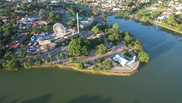 Lagoa da Pampulha, in Belo Horizonte, overlooking the Church of S&atilde;o Francisco de Assis and Guanabara Park. Minas Gerais Brazil. Aerial view.