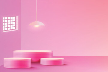 3 podiums with hanging light and window on pink background