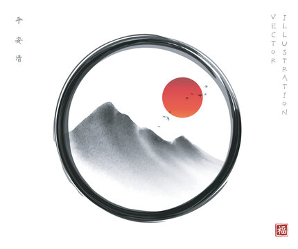 Flock of birds over the mountains and red sun in black enso zen circle on white background. Oriental ink painting sumi-e, u-sin, go-hua. Hieroglyphs - peace, tranquility, clarity, well-being