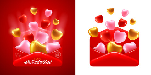 Cute and romantic Happy Valentines Day greeting with colored convex hearts flying away of red envelope. Isolated on white and red background. Vector 3d illustration