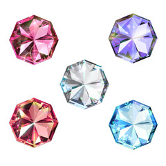 Set of colorful shiny emerald gemstones diamond in octagon shape geometric crystal jewel